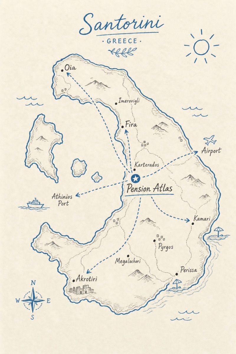 Hand-drawn map of Santorini with Pension Atlas in Karterados and lines to Fira, Oia, beaches, the airport, and the port